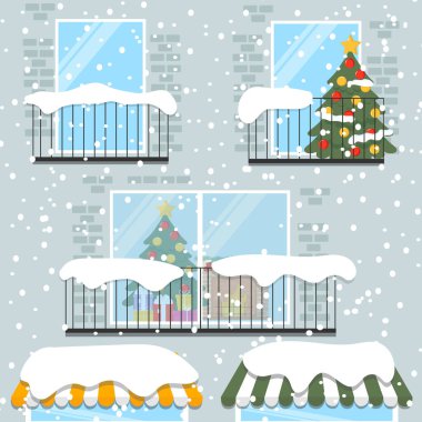 Kış dış vektör çizimi. Kar yağışı altında güzel bir bina. Düz biçimli renkli illüstrasyon.