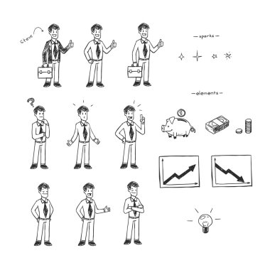Elle çizilmiş vektör Doodle animasyon için ayarla. İşadamı ve mali.