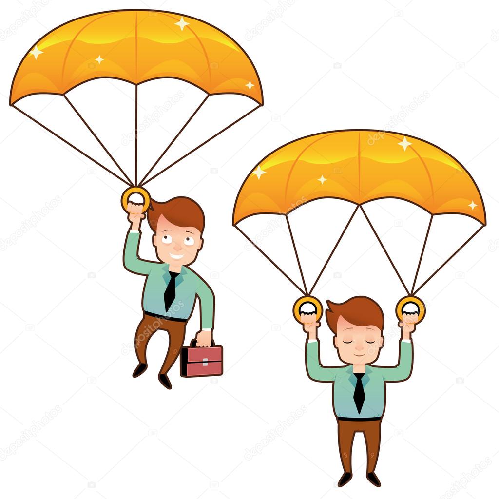 Smiling man fall on a golden parachute with briefcase