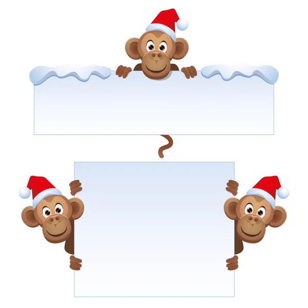 Cabeza de mono sonriente en sombrero rojo de Navidad asomándose detrás de una pancarta en blanco . — Vector de stock
