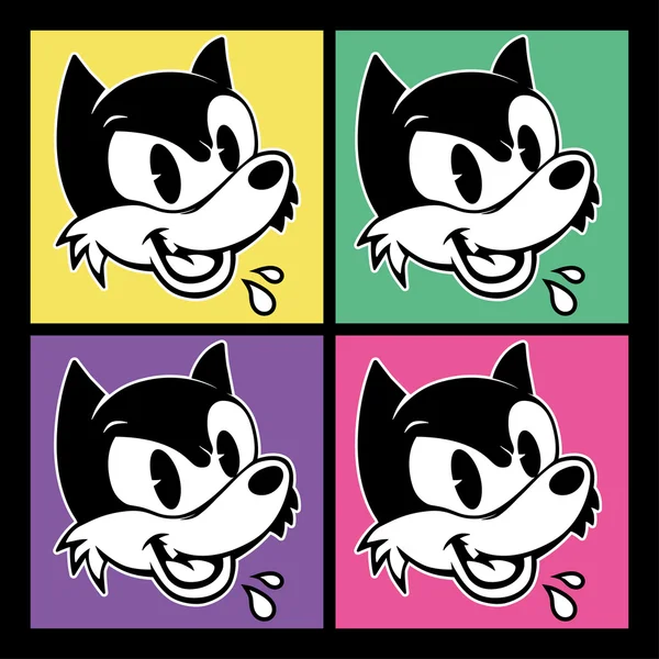 Toons vintage. quatro imagens de retro personagem de desenho animado irritado sarcástico grito woolf no fundo colorido —  Vetores de Stock