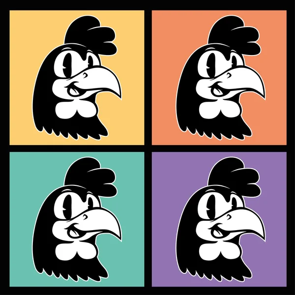 Caricatura vintage. cuatro imágenes de carácter gallo retro sonriente en cuadrados coloridos — Vector de stock