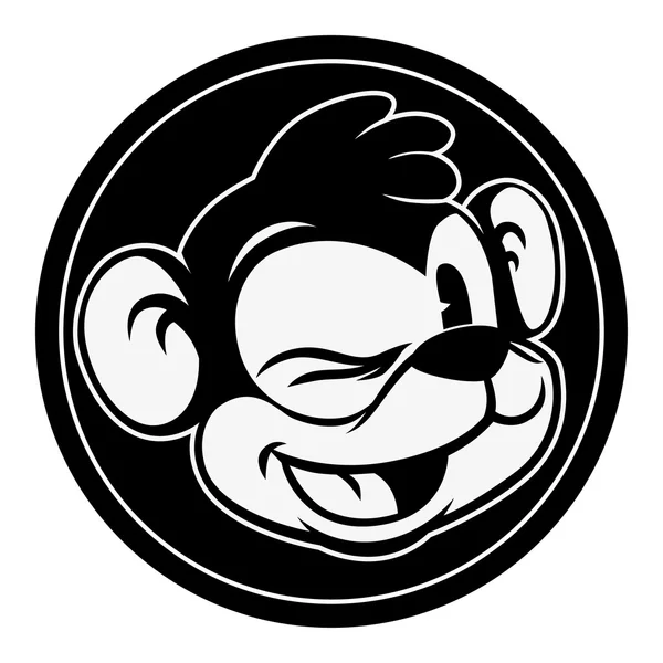 Vintage karikatür. Gülümseyen ve retro karikatür maymun karakter siyah daire içinde göz kırpıyor. — Stok Vektör