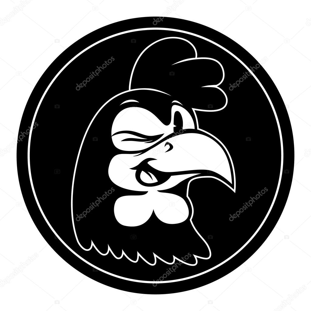 Vintage cartoon. Smiling and winking isolated retro cartoon rooster character in black circle