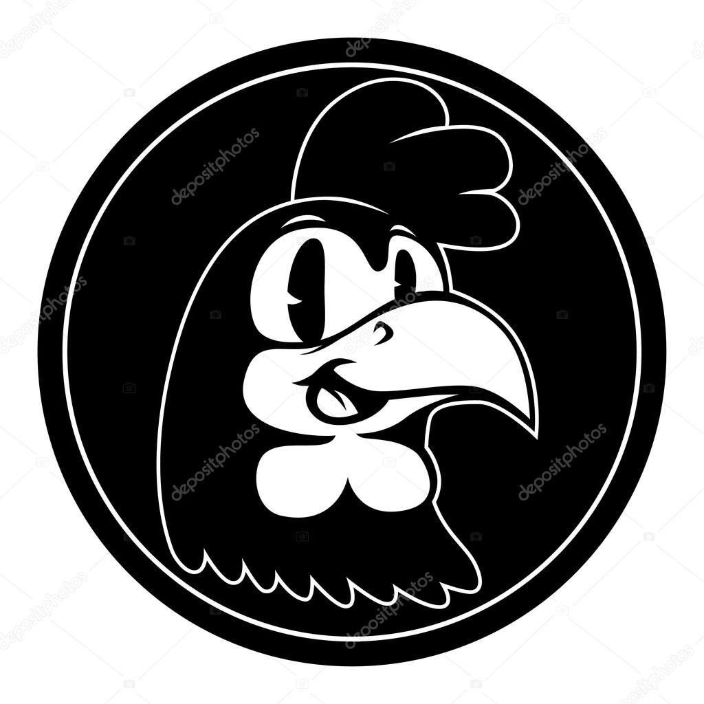 Vintage cartoon. Smiling isolated retro cartoon rooster character in black circle