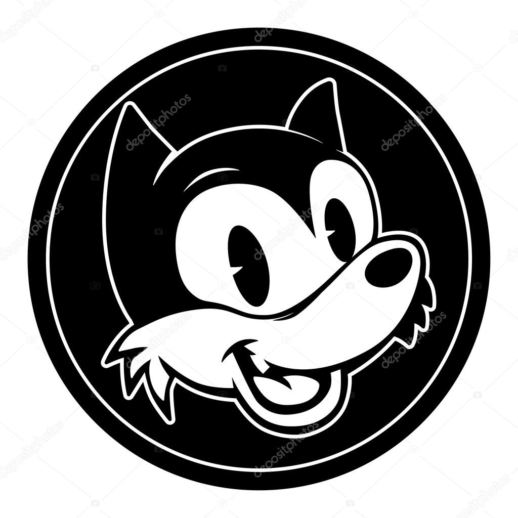 Vintage cartoon. Smiling and winking isolated retro cartoon wolf character in black circle