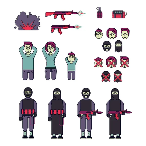 Ikon készlet a férfiak, nők terrorista és áldozat vektor — Stock Vector