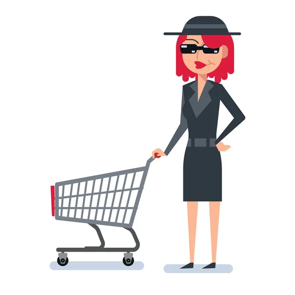 Mistero shopper donna in cappotto spia con carrello — Vettoriale Stock