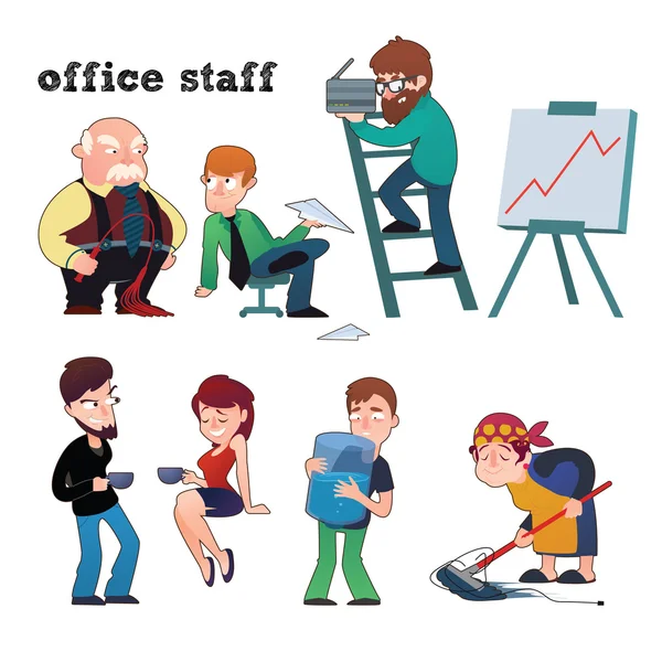 有趣的人物的典型的办公室工作人员设置 — 图库矢量图片