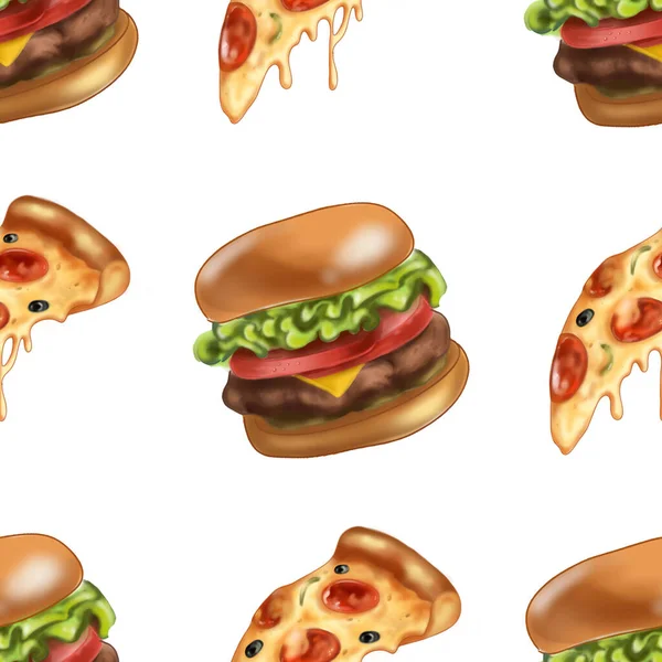 Appetitoso Modello Pizza Hamburger Illustrazione Fast Food Raccolta Snack Cibo — Foto Stock