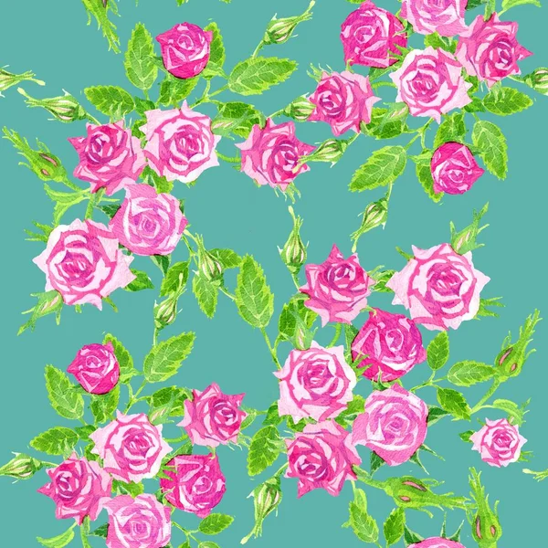 Patrón brillante sin costuras sobre un fondo verde oscuro de delicadas rosas rosadas acuarela. — Foto de Stock