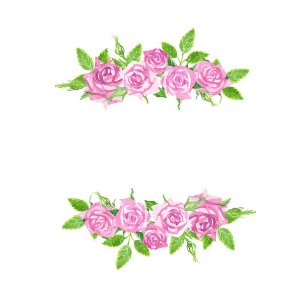 繊細なピンクの水彩のバラのフレーム 上限と下限 景色の花束 バラの手の絵画水彩イラスト招待状 結婚式のカード グリーティングカードのための花の要素を描いた — ストック写真