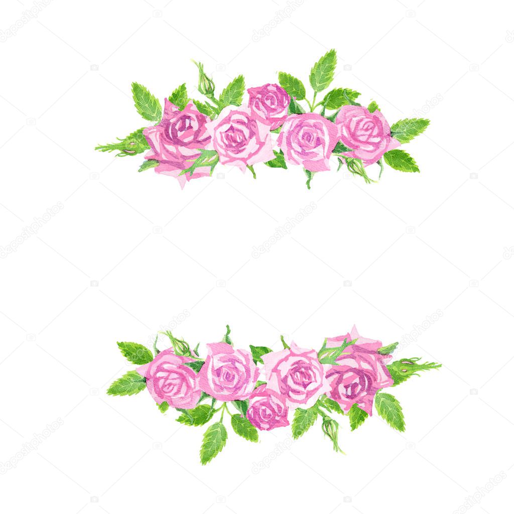 Frame of delicate pink watercolor roses. Upper and lower bounds. Scenic bouquet. Painterly watercolor illustrations of roses hand painted floral elements for invitation, wedding card, greeting card.