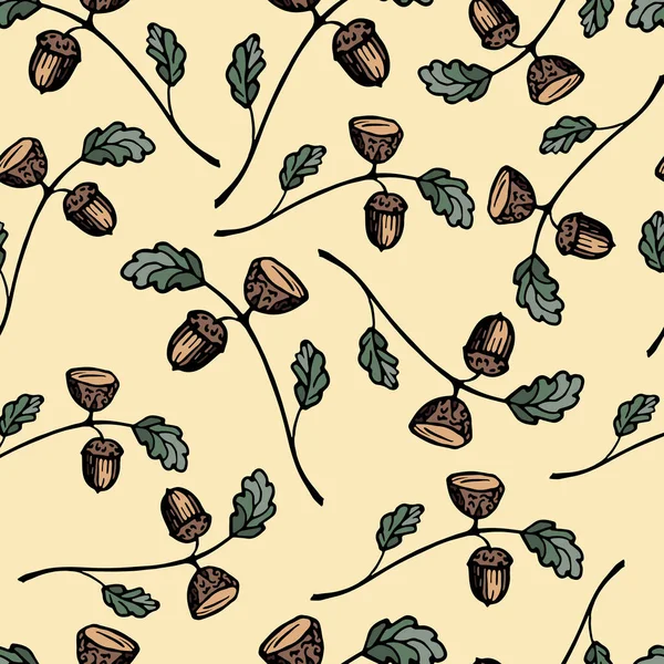 Patrón brillante con bellotas de otoño y hojas en una ramita. — Vector de stock