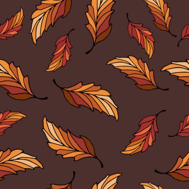 Kahverengi arka planda sarı yapraklı sonbahar yapraklı desen.