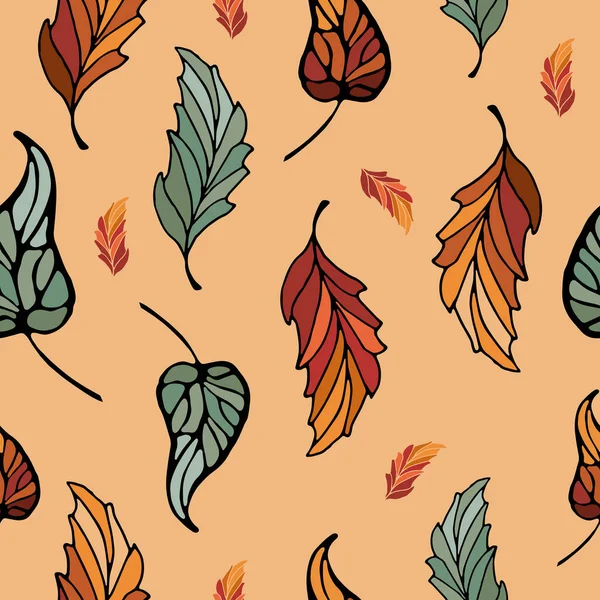 Automne motif feuillu avec des feuilles colorées sur un fond brun. — Image vectorielle