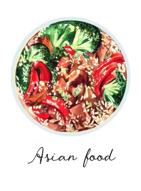 Pirinçli et. tatlı ve ekşi sos, kırmızı biber, brokoli, susam tohumu ve pırasa. Bir gurme lezzeti. Asya yemekleriyle suluboya çizimler. Uluslararası şef günü. Yemek kitabı, broşür, menü için. İştah açıcı suluboya çizimi. Asya mutfağı.  