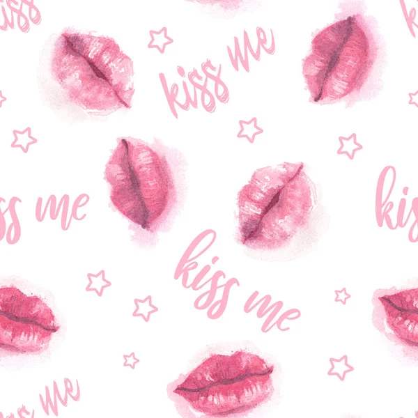 Seamless pattern Watercolor illustration tender pink lips, lettering kiss me. Happy World Kiss Day. Valentines Day. True love. Packaging, postcards, background, banner, poster, print clothes, fabric