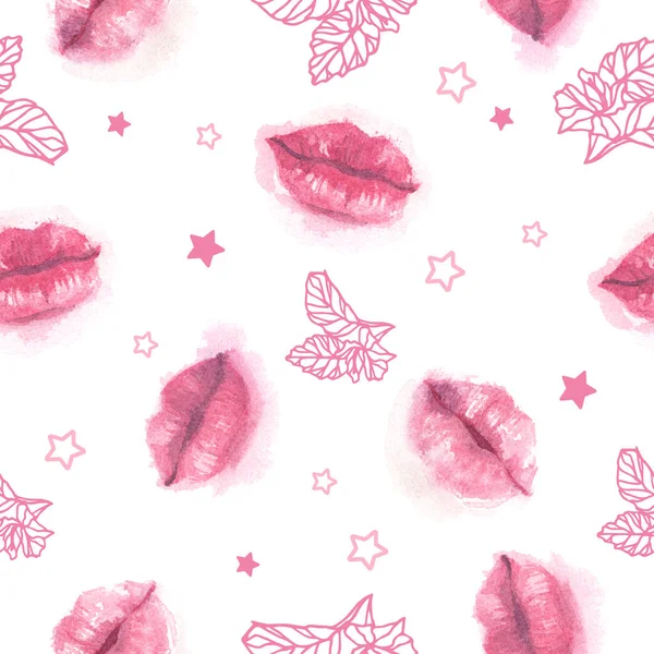 Απρόσκοπτη μοτίβο Υδατογραφία εικόνα τρυφερά ροζ χείλη, αστέρι, μέντα. Χαρούμενη Παγκόσμια Ημέρα Φιλιών. Ημέρα του Αγίου Βαλεντίνου. Συσκευασία, καρτ ποστάλ, φόντο, πανό, αφίσα, έντυπη ένδυση, ύφασμα — Φωτογραφία Αρχείου