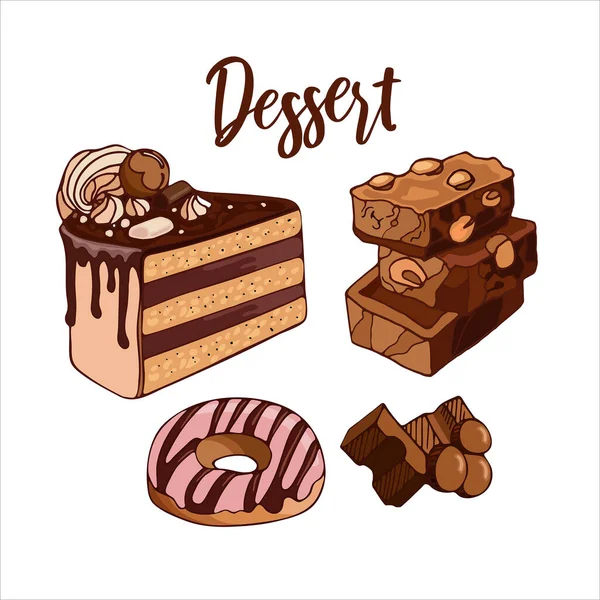 Establecer deliciosas piezas de chocolate con leche brillante, pastel, donut. Celebra el Día Mundial del Chocolate. Ilustración vectorial de la comida de postre. Para embalaje, menú, libro de cocina, postal, banner, póster. — Vector de stock