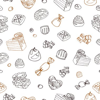 Lezzetli sütlü çikolata, şeker ve dragee parçalarından oluşan kusursuz bir vektör grafiksel model. Dünya Çikolata Günü. Tatlı çizimi. Paketleme, menü, yemek kitabı, kartpostal, afiş