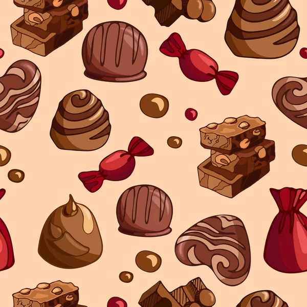 Seamless Vector Pattern Bright Tasty Pieces Milk Chocolate Nuts Sweets — 스톡 벡터