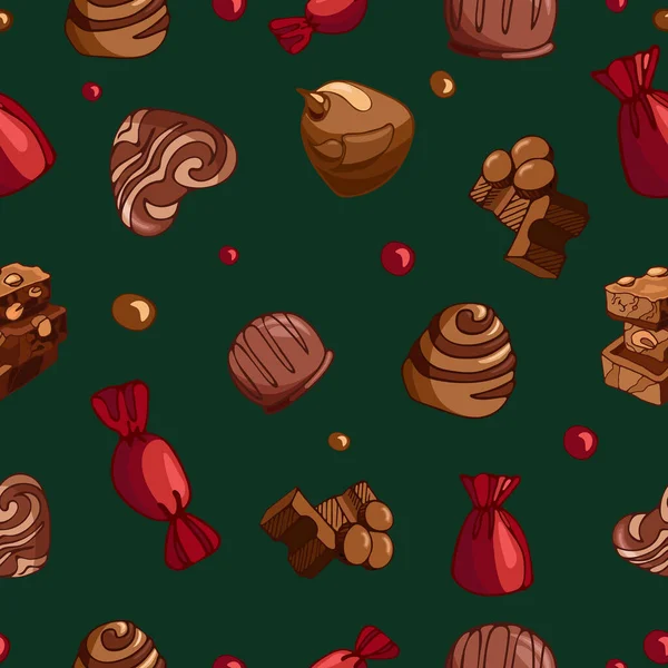 Seamless Vector Christmas Pattern Bright Tasty Pieces Milk Chocolate Nuts — 스톡 벡터