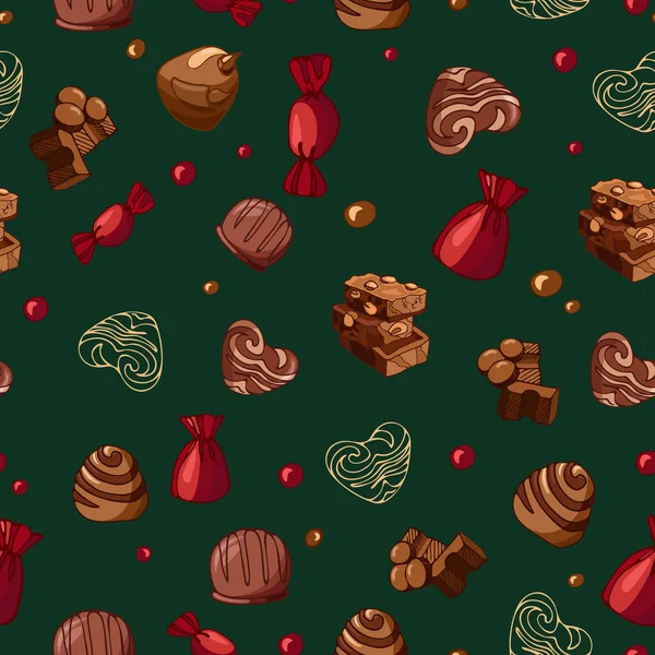 Seamless Vector Christmas Pattern Bright Tasty Pieces Milk Chocolate Nuts — 스톡 벡터