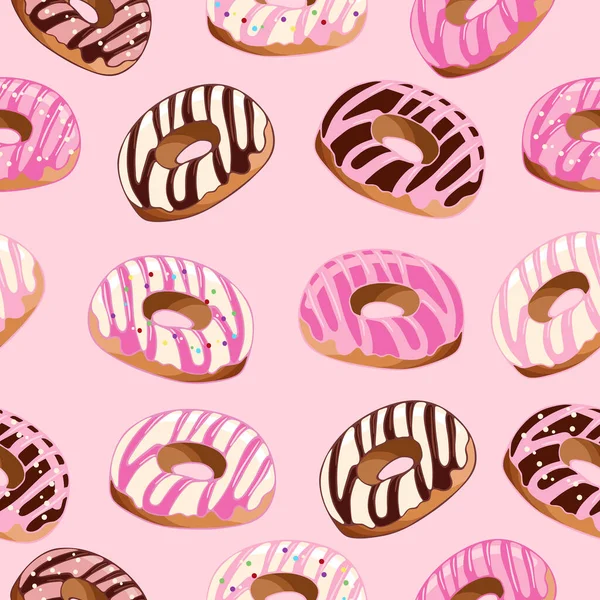 Donuts Padrão Sem Costura Rosa Esmalte Chocolate Sobremesa Ilustração Alimentar —  Vetores de Stock