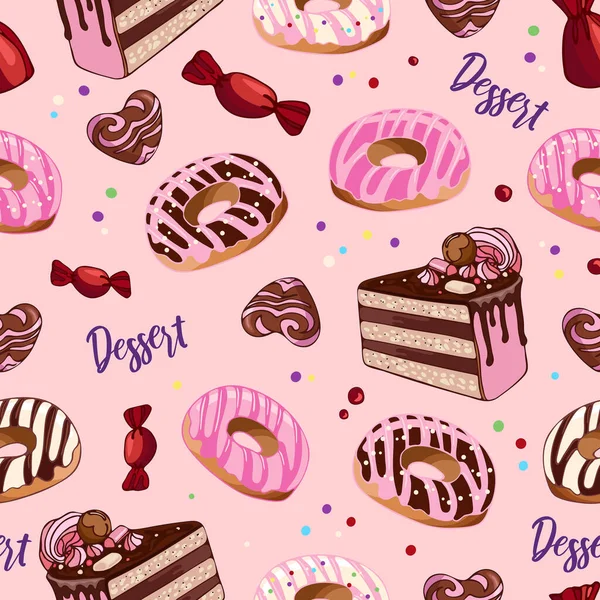 Seamless Pattern Donuts Chocolates Cake Dessert Food Illustration National Donut — 스톡 벡터