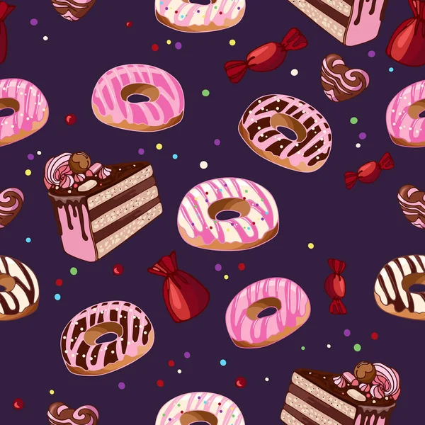 Seamless Pattern Donuts Chocolates Cake Dessert Food Illustration National Donut — 스톡 벡터