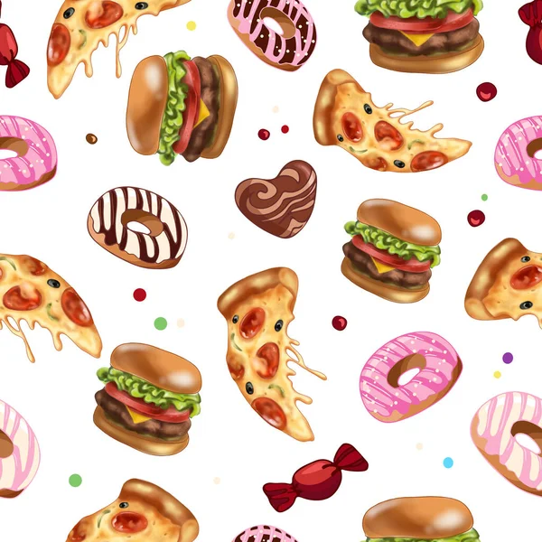 Bright seamless pattern with pepperoni pizza, burgers, chocolate, donuts. On white background. No Diet Day. Trendy graphic illustration. For packaging, menu, background, printing on fabric, clothing