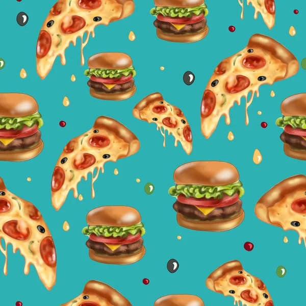 Bright seamless pattern with pepperoni pizza, burgers. On green background. No Diet Day. Trendy graphic fast food illustration. For packaging, background, printing on fabric, clothing