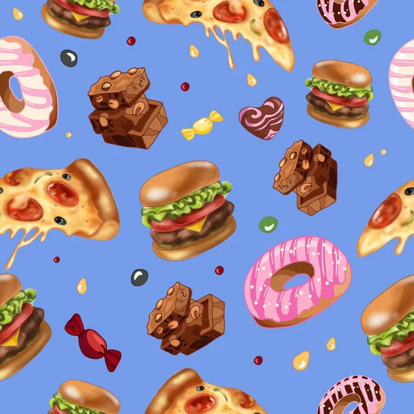 Bright seamless pattern with pepperoni pizza, burgers, chocolate, donuts. Blue background. No Diet Day. Trendy graphic fast food illustration. For packaging, background, menu, printing on fabric