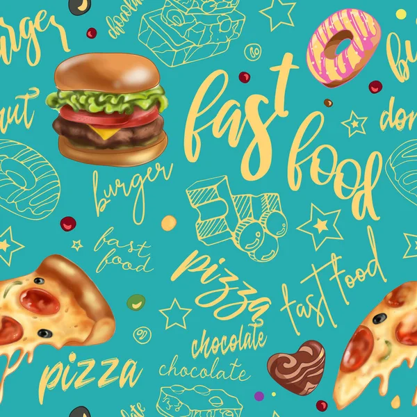 Padrão Sem Costura Brilhante Pizza Pepperoni Hambúrgueres Chocolate Donut Letras — Fotografia de Stock