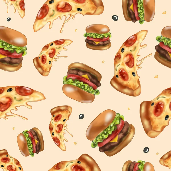 Bright seamless pattern with pepperoni pizza, burgers. On beige background. No Diet Day. Trendy graphic fast food illustration. For packaging, menu, background, printing on fabric, clothing