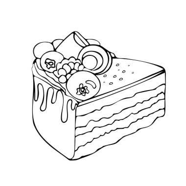 Vector doodle illüstrasyonu klasik tarzda iştah açıcı pasta yabanmersini, böğürtlen ve çikolata ile. Uluslararası pasta günü. En tatlı gün. Yemek kitapları, tatlılar, menüler, kartpostallar, posterler için..