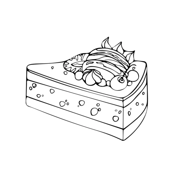 Illustrazione doodle vettoriale in stile vintage di una torta appetitosa con mirtilli, fragole, amaretti. Giornata internazionale della torta. Il giorno piu 'dolce. Per libri di cucina, dessert, menu, cartoline, manifesti. — Vettoriale Stock