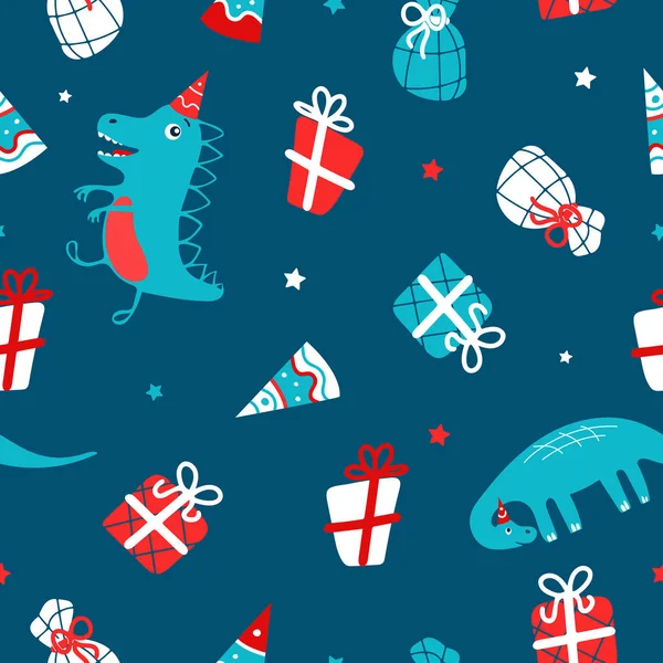 Bright cute festive childrens pattern. Funny dinosaurs, party hat, gifts. For christmas, birthday, new year. Vector illustration in cartoon style. For printing on fabric, merchandise, gift wrap — Vector de stock