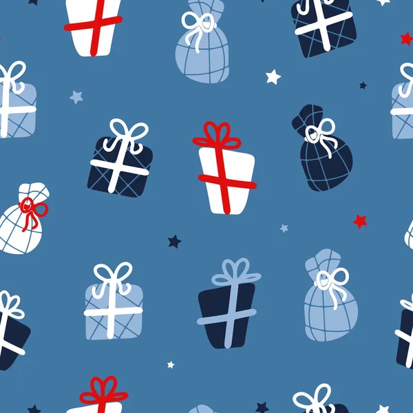 Bright cute festive childrens pattern. Gift boxes with bows. For christmas, birthday, new year. Vector illustration in scandinavian cartoon style. For printing on fabric, merchandise, gift wrap. — Vector de stock