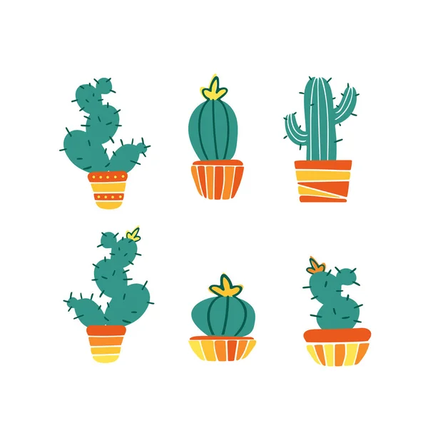 Набор домашних растений. Мексиканские кактусы в горшках, цветах. Яркая летняя векторная плоская иллюстрация. Изолированные элементы дизайна на белом фоне. Для наклеек, плакатов, открыток, баннеров. Houseplant — стоковый вектор