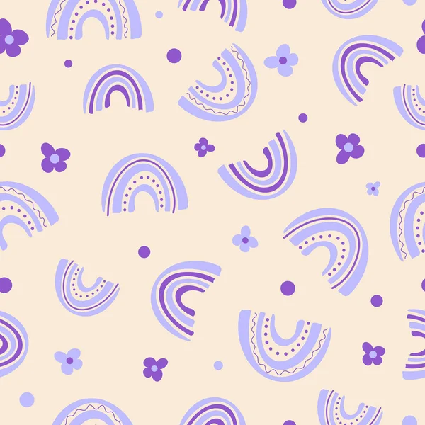 Bright seamless summer rainbow flower pattern. Delicate purple lavender beige pastel colors. Vector illustration in cartoon style. For printing on fabric, gift wrap. National Find a Rainbow Day — Stock Vector