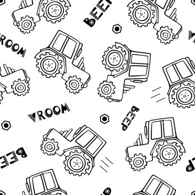 İnşaat makineleri kusursuz desen. İskandinav tarzında çocuklar için Doodle vektör çizimi. Bip sesi, vroom. Işınlama makinesi, traktör. Paketleme, kumaş, arkaplan.