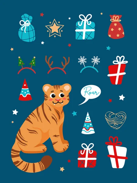 Navidad establece ilustraciones brillantes en estilo de dibujos animados. Tigre símbolo del Año Nuevo Chino 2022. Regalos, estrellas, sombrero de fiesta, cuernos de ciervo, árboles de Navidad, copos de nieve. Para pegatinas, carteles, postales, pancartas — Vector de stock