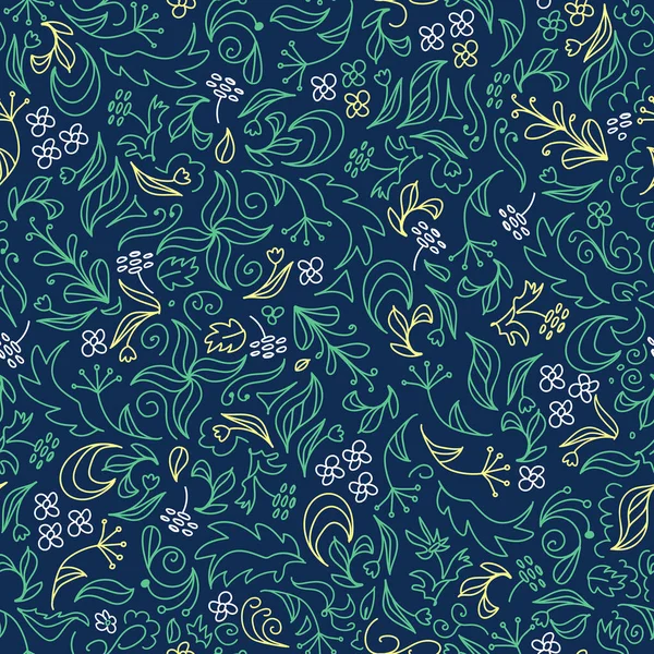 Bright floral summer seamless doodle pattern. In trendy earthy tones. Field herbs and flowers on a dark background. For dresses, wallpaper, printing on fabric, wrapping, — Stock Vector