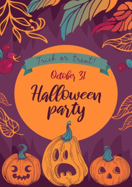 Balkabaklı parlak vektör çizimi, sonbahar yapraklı balkabağı kabağı, böğürtlen ve klasik tarzda harf. Cadılar Bayramı davetiyeleri, posterler, kartpostallar, afişler ve el ilanları için.