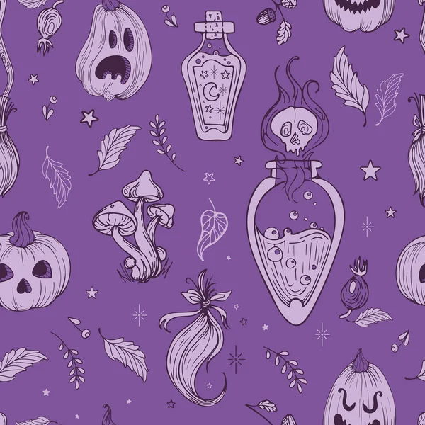 Vector patrón sin costuras lindo dibujo gráfico ilustración estilo vintage para Halloween. Linterna de calabaza. Setas mágicas, pociones de brujas, mechones de pelo. Para papel pintado, impresión en tela, envoltura. — Archivo Imágenes Vectoriales