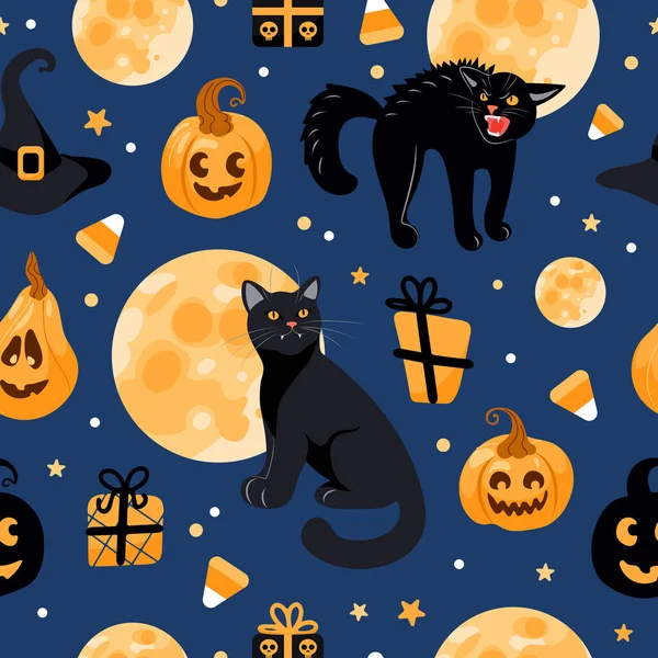 Patrón Sin Costuras Halloween Gato Negro Luna Sombrero Bruja Linterna — Archivo Imágenes Vectoriales