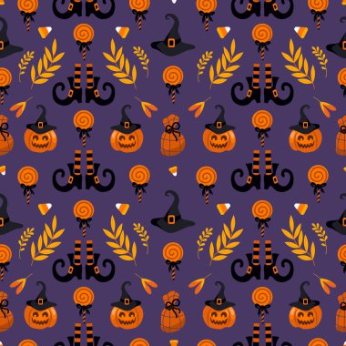 Cadılar Bayramı parlak, kusursuz vektör deseni. Balkabağı Jack-o-Lantern, cadı şapkası, çizgili çoraplar, ayakkabılar, lolipop, hediyeler, sonbahar yaprakları. Çocuk odası, duvar kağıdı, kumaş, ambalaj, arkaplan baskısı için..