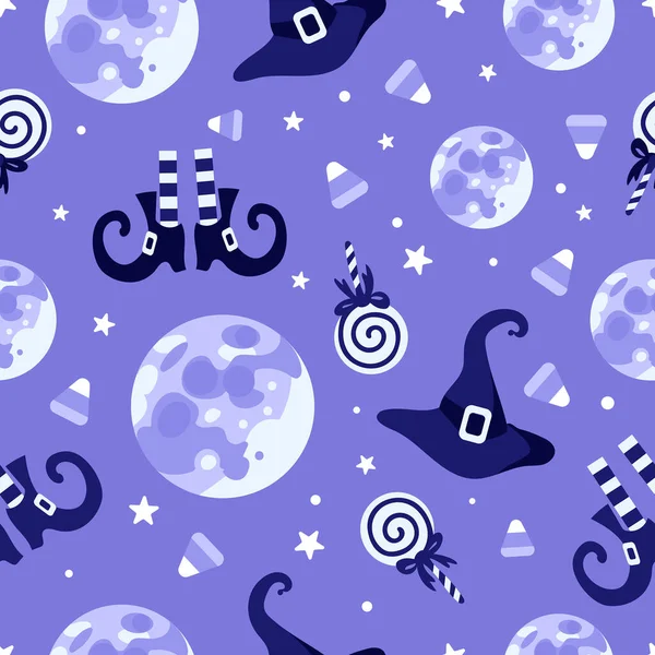 Halloween patrón de vectores sin costura brillante. Sombrero de bruja, medias rayas, zapatos, piruleta, luna y estrellas, caramelo de maíz. En tonos púrpura. Para vivero, papel pintado, impresión en tela, envoltura, fondo — Vector de stock